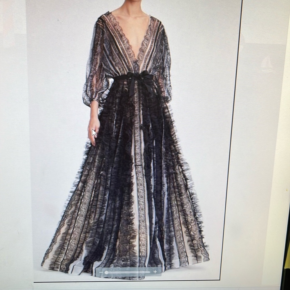 In search of this Marchesa dress (lace-striped billowing-sleeve v-neck ballgown)